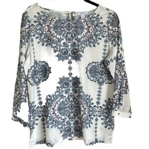 Katherine Barclay Montreal Blouse White Blue Patterned 3/4 Sleeve Top Size Large